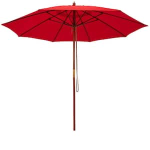 9.5 ft. Rope Pulley Wooden Market Umbrella with Fiberglass Ribs Patio in Red