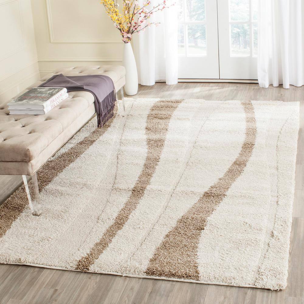 Cream and Dark Brown Rectangular Shag Rug, 4' x 6'
