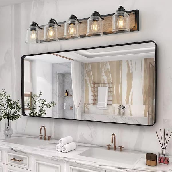 40 in. 5 Light Black and Wood Grain Finish Vanity Light Fixture Bathroom Over Mirror Wall Lights with Clear Glass Shades