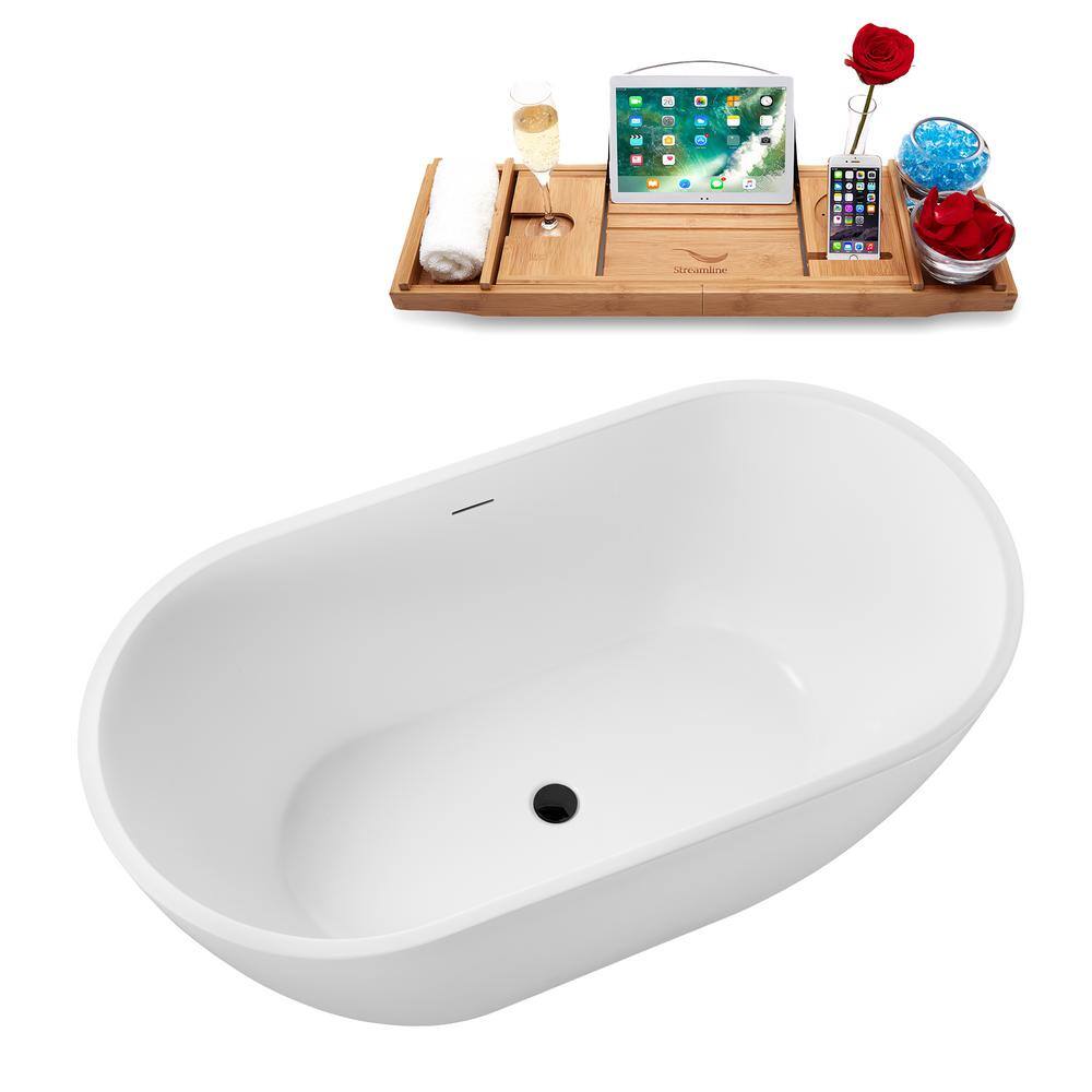 55" Glossy White Acrylic Freestanding Tub with Matte Black Hardware