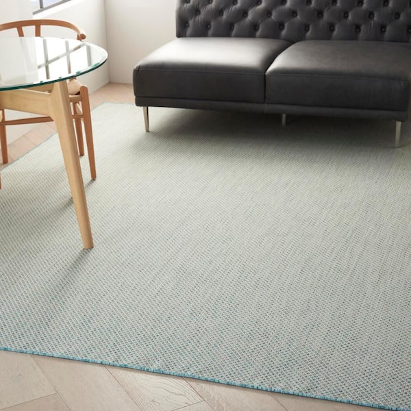 Courtyard Ivory Aqua 7 ft. x 10 ft. Geometric Contemporary Indoor/Outdoor Patio Area Rug