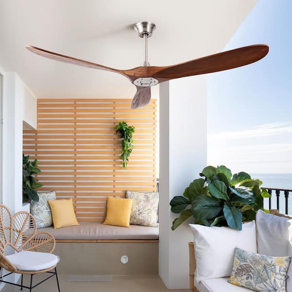 60 in. Brushed Nickel Brown Wood Blade Downrod Mount Standard Ceiling Fan with Remote Control No Light