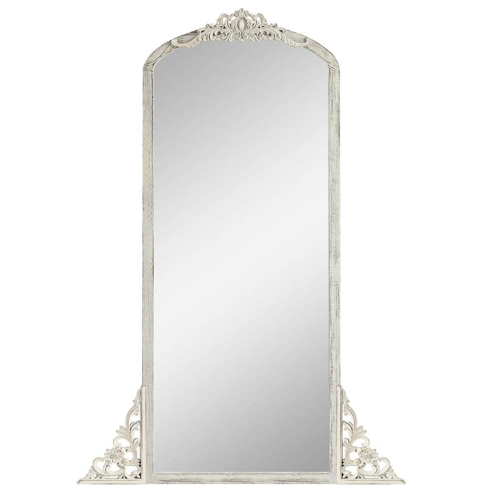 Weathered White 28 in. W x 67 in. H Solid Wood Carved Right Angle Micro Arc