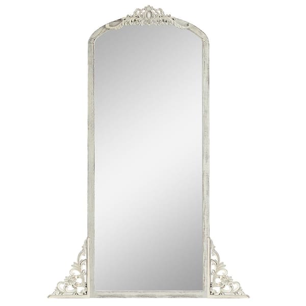 Unbranded Weathered White 28 in. W x 67 in. H Solid Wood Carved Right Angle Micro Arch Full-length Mirror for Living/Dressing Room