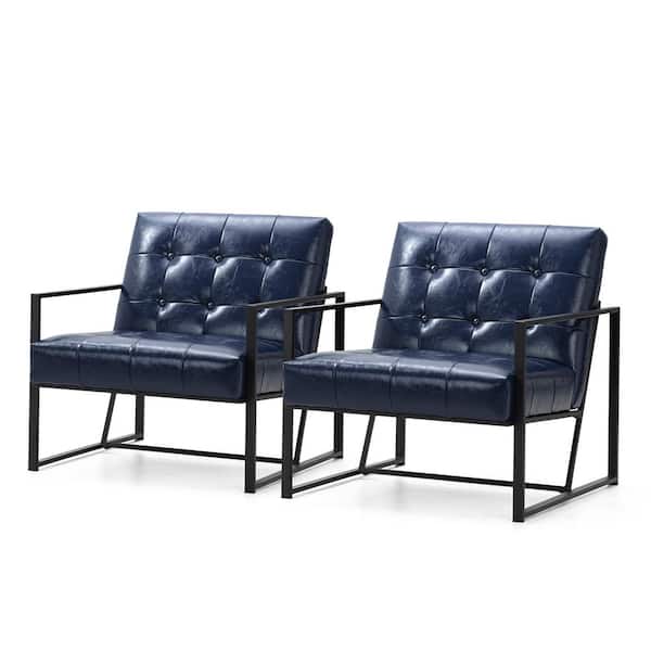 Glitzhome Set of 2 Modern Navy-Blue Leatherette Accent Armchair with Black Metal Frame