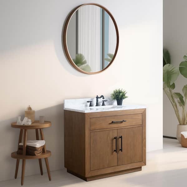 36 in. W x 22 in. D x 38 in. H Single Sink Bathroom Vanity in Tan with Arabescato White Engineered Marble Top