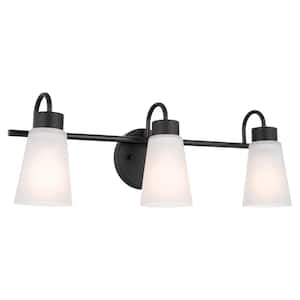 Erma 23 in. 3-Light Black Traditional Bathroom Vanity Light with Satin Etched Glass Shades