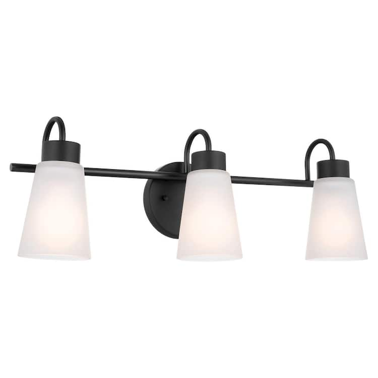 KICHLER Erma 23 in. 3-Light Black Traditional Bathroom Vanity Light with Satin Etched Glass Shades