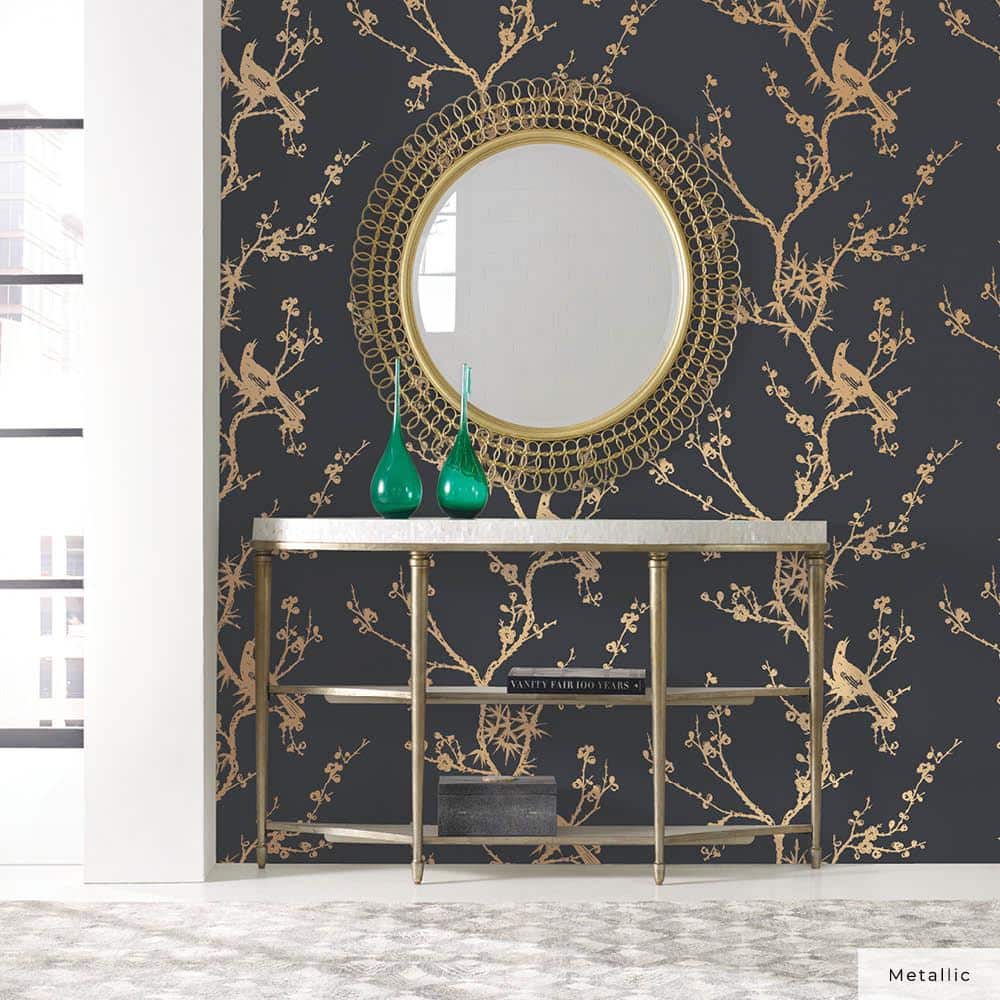 Black and Gold Chinoiserie Bird Peel and Stick Wallpaper