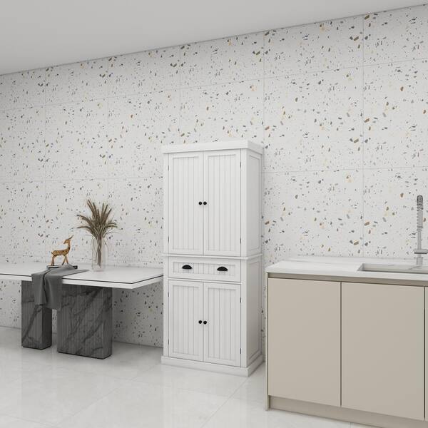 FUNKOL 29.92inx15.75nx71.65in White Vertical Striped MDF Kitchen Cabinet with 4 Doors, 1 Drawer and 2 Adjustable Shelves