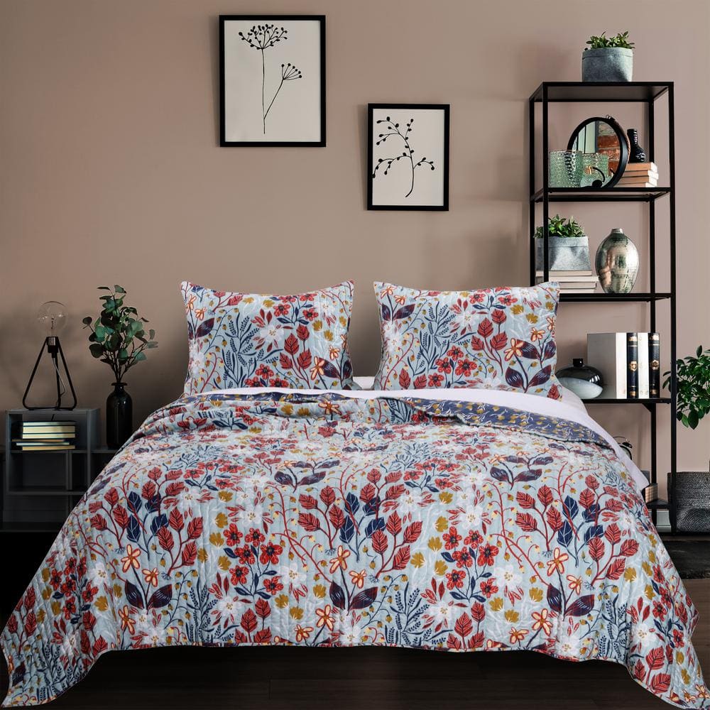 Perry Slate Blue Reversible King Microfiber Quilt Set