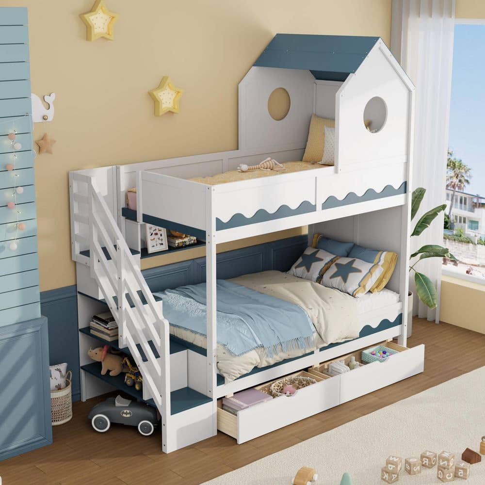 Noble House Emiliya White Twin Over Twin Wood House Bunk Bed with 2 ...