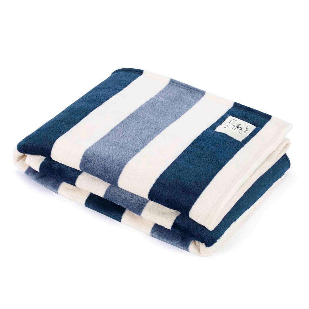 Nautica Awning Stripe 1-Piece Navy Blue Ultra Soft Plush