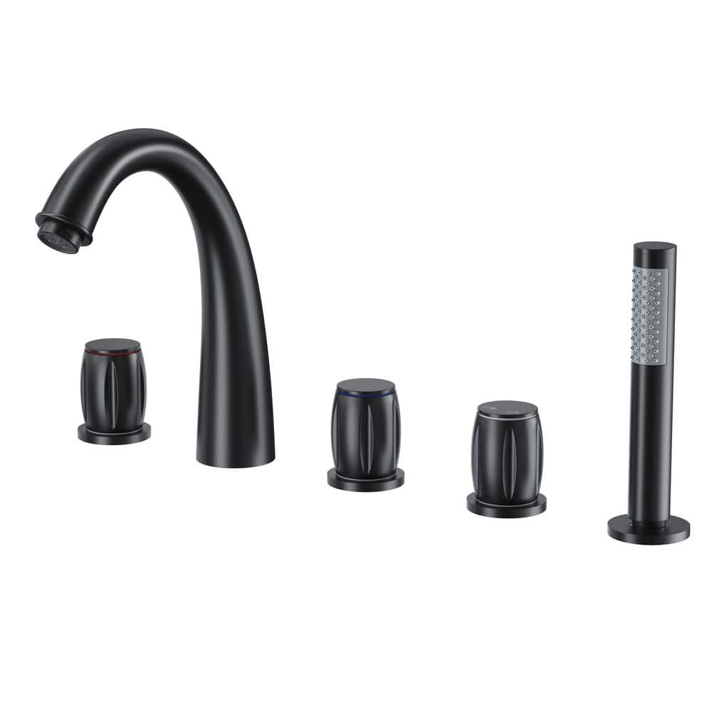 Matte Black Triple Handle Deck Mount Roman Tub Faucet with Hand Shower
