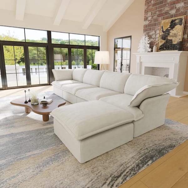 J&E Home 162.55 in. Wide White Flared Arm Linen Modular 5-Piece Down-Filled Free Combination Sofa with Ottoman in. White