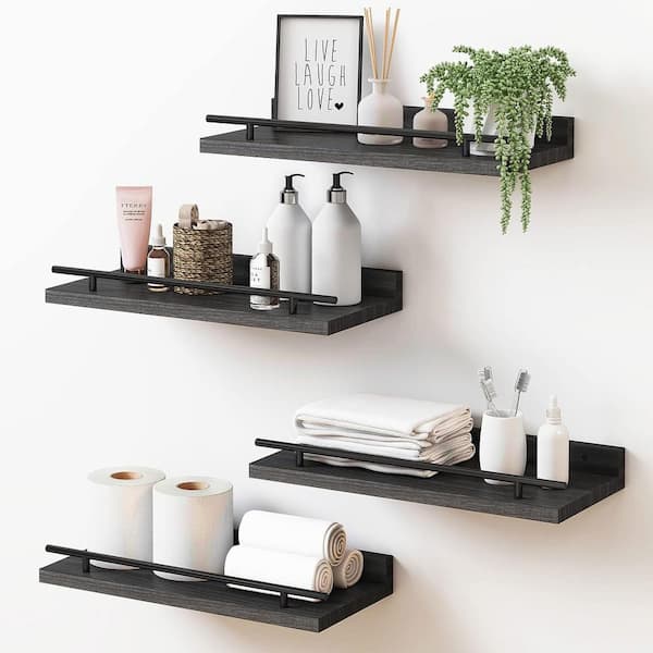 Floating Shelves with Black Metal Guardrail, Shelves for Wall Decor Set of  3