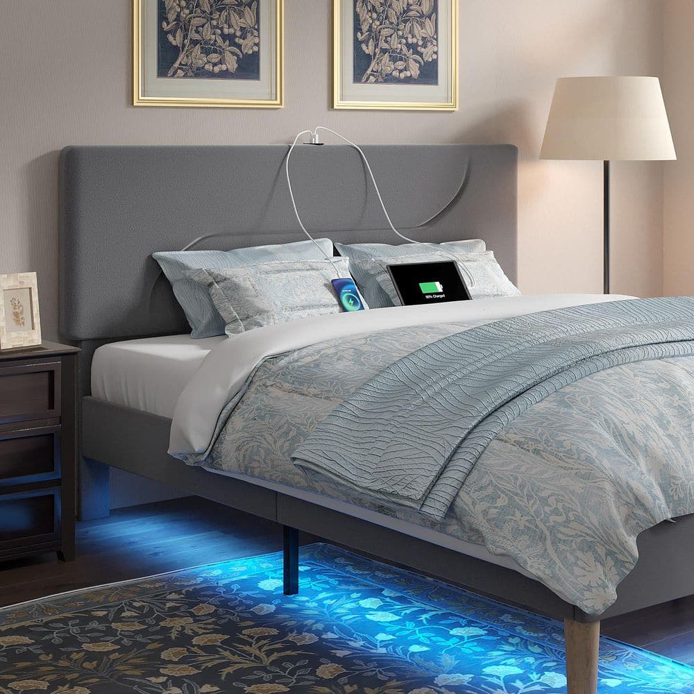 Upholstered Bed Frame Gray Metal Frame Queen Platform Bed with LED Lights, Velvet Headboard and Charging Station