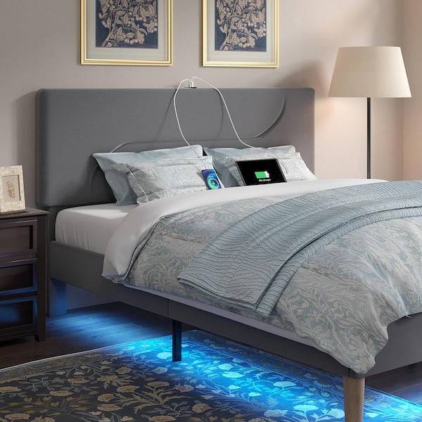 VECELO Upholstered Bed Frame Gray Metal Frame Queen Platform Bed with LED Lights, Velvet Headboard and Charging Station