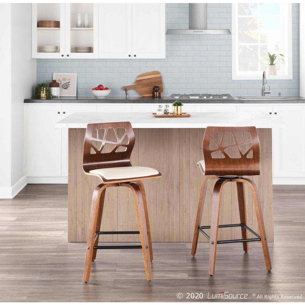 Mid-Century Modern Cream Leather Walnut Swivel Counter Stool - Set of 2