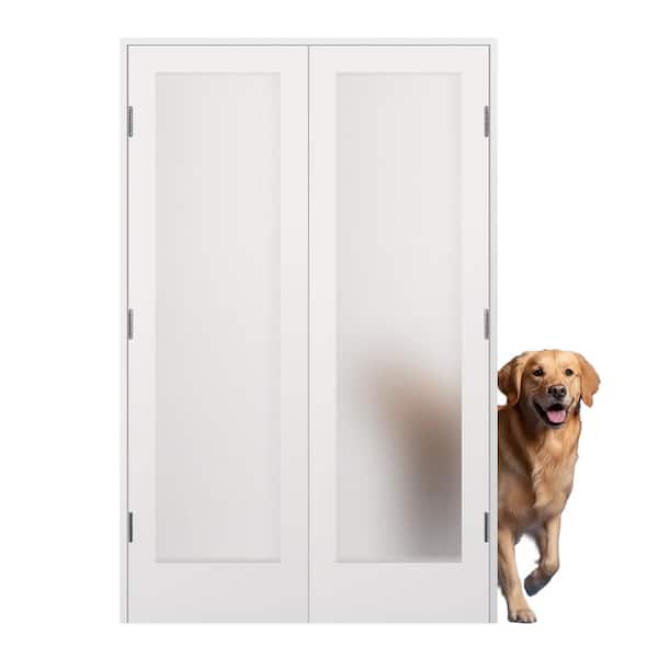 72 in. x 80 in. Bi-Parting Solid Core White Primed Composite Prehung French Door Catch Ball Frosted Glass Satin Nickel