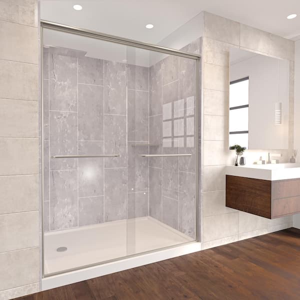 NuVo Platinum Grey-Rainier 60-in x 34-in x 83-in Base/Wall/Door Rectangular Alcove Shower Stall/Kit Brushed Nickel Center