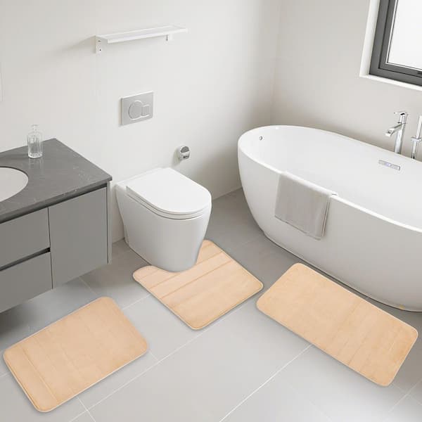 Beige Bathroom Mats, 3-Pieces Memory Foam Bath Rug Sets, Machine Washable