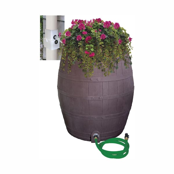 RESCUE 50 Gal. Solid Brown Flat Back Whiskey Rain Barrel with Integrated Planter and Diverter System