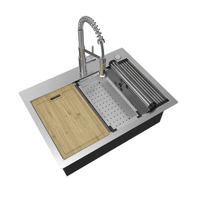 Zero Radius All-in-One Drop-In 16-Gauge Stainless Steel 30 in. Single Bowl Workstation Kitchen Sink with Faucet