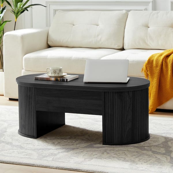 39.37 in. Black Oval MDF Coffee Table with Storage Space and Adjustable Countertop
