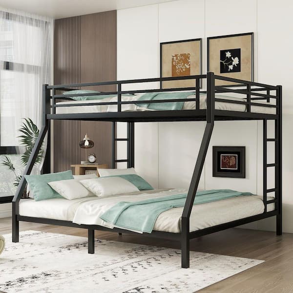 Nestfair Metal Black Queen Over King Bunk Bed with Space-Saving