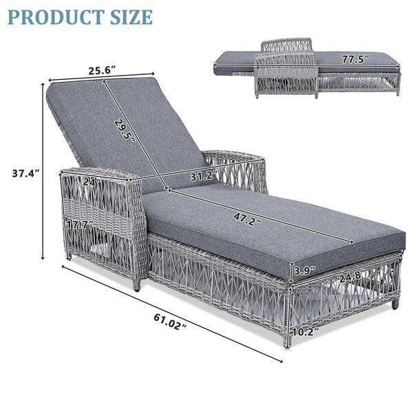 Lycvki Gray Wicker Outdoor Chaise Lounge with Gray Soft Removable