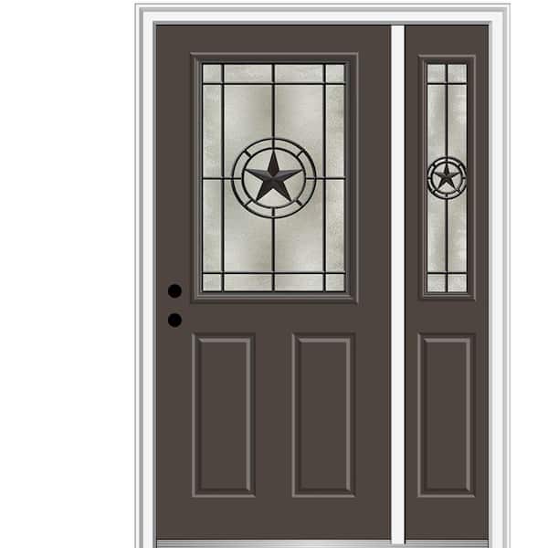 MMI Door Elegant Star 51 in. x 81.75 in. Inswing 1/2 Lite Decorative Glass Brown Painted Fiberglass Prehung Front Door