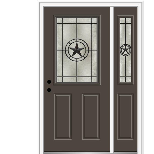 MMI Door Elegant Star 53 in. x 81.75 in. Inswing 1/2 Lite Decorative Glass Brown Painted Fiberglass Prehung Front Door