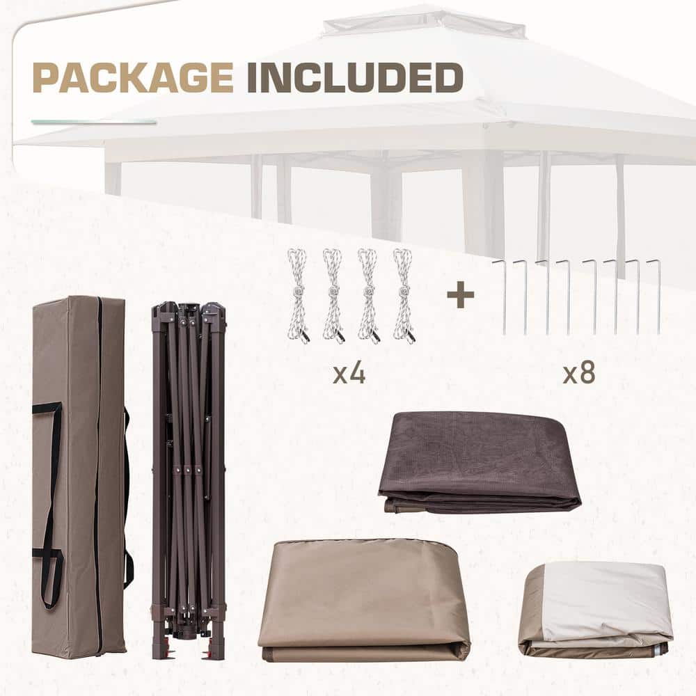 Beige and Brown Metal Pop-Up Patio Gazebo with Mosquito Netting