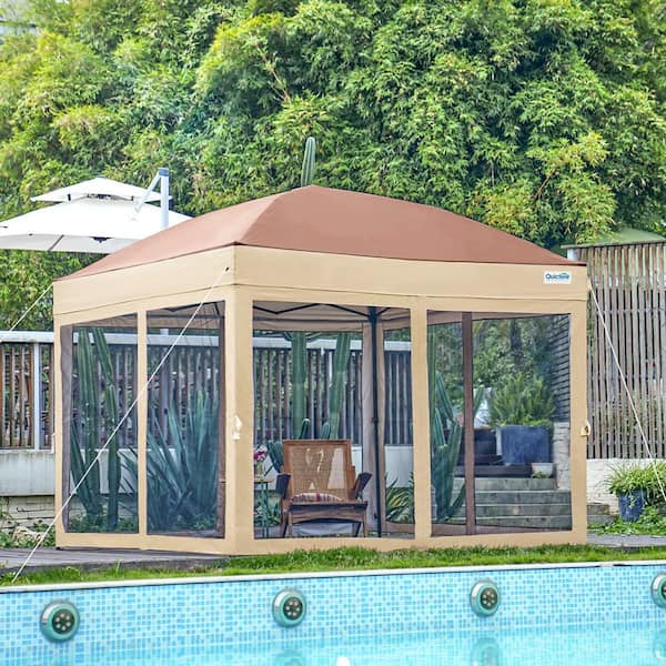 Quictent Outdoor 10 ft. x 10 ft. Khaki Pop Up Canopy Tent with Netting, 2 Magnetic Doors, Waterproof