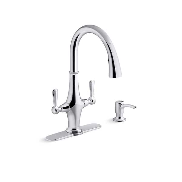 KOHLER Pannier Two-Handle Pull Down Sprayer Kitchen Faucet in Polished Chrome