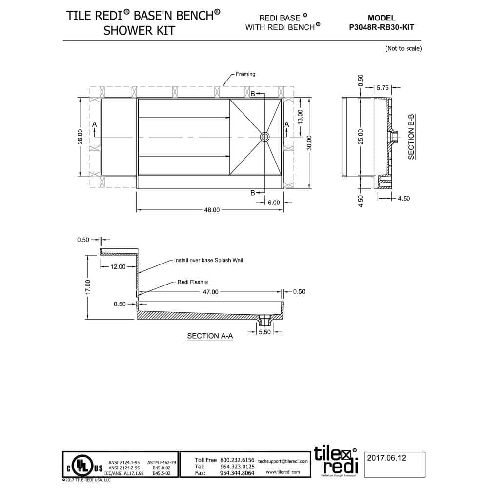 60-Inch Beige PVC Rectangle Shower Pan Base Kit with Integrated Seat