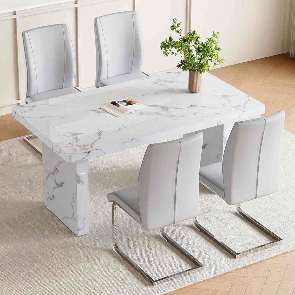 5-Piece Rectangular Light Gray/White/Silver Wood Top Dining Table Set Seats 4 with 4 Soft PU Chairs