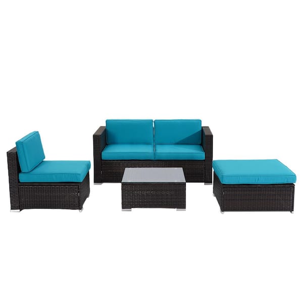 Unbranded 5-pieces PE Wicker Outdoor Sectional with Light Blue Cushions