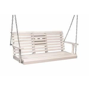 2 Person White Wood Porch Swing with Armrest and Cup Holders