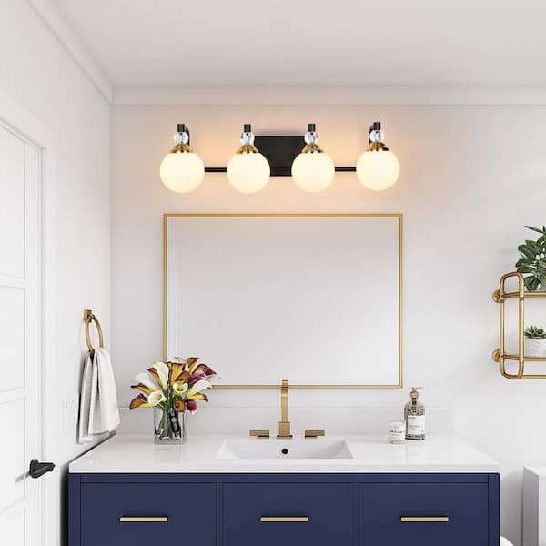 25.2 in. 4-Light Black and Gold Vanity Light with Globe White Frosted Glass Shade