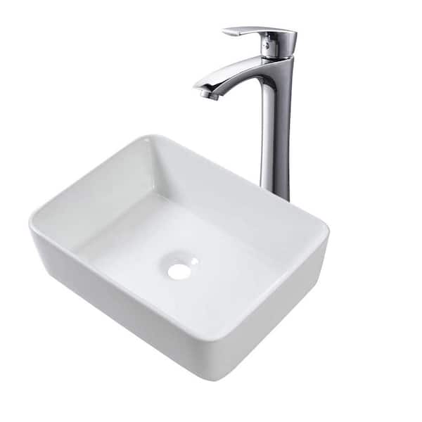 Miscool Amie 19 in. Rectangular White Ceramic Bathroom Vessel Sink With Chrome Faucet