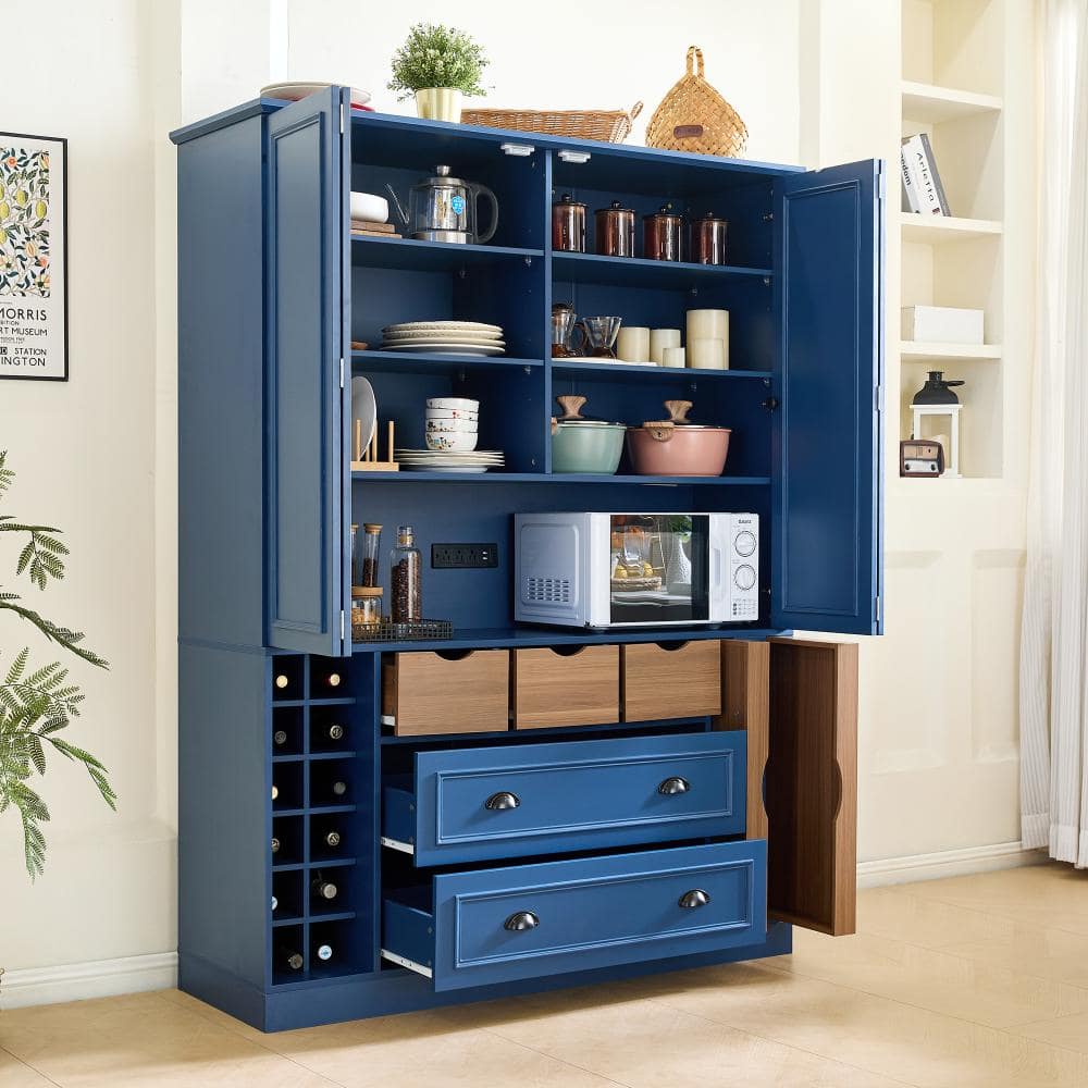 71" Blue Farmhouse Pantry with Foldable Doors, Power Outlet, Shelves & Wine Racks