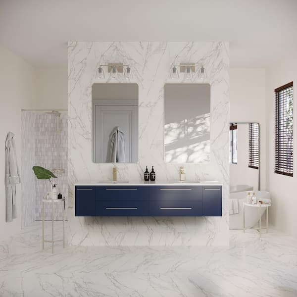 Lucera 72 in. Double Sink Wall Mount Floating Royal Blue Bath Vanity with White Quartz Top and Undermount Ceramic Sinks