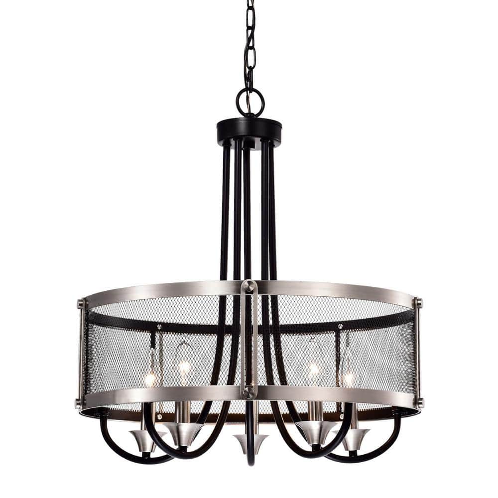 Edvivi 21 in. 5-Light Brushed Nickel and Black Chandelier with Mesh ...
