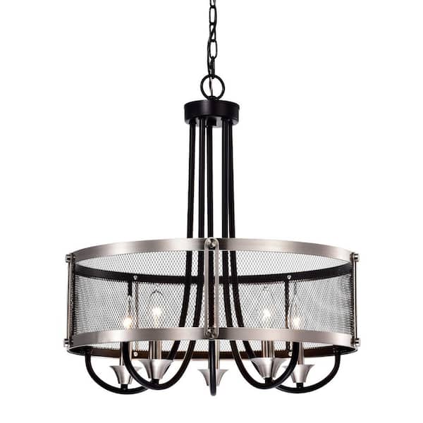 Edvivi 21 in. 5-Light Brushed Nickel and Black Chandelier with Mesh Drum