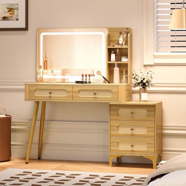 Vintage 47 in. Natural Makeup Vanity Dressing Table with Mirror, 3-Color Modes Light, 5-Drawers and Storage Shelf