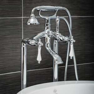 Vintage Style 3-Handle Floor Mount Claw Foot Tub Faucet with Porcelain Levers and Handshower in Chrome