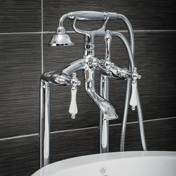 PELHAM & WHITE Vintage Style 3-Handle Floor Mount Claw Foot Tub Faucet with Porcelain Levers and Handshower in Chrome