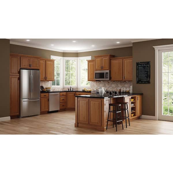 Hampton 36 in. W x 24 in. D x 34.5 in. H Partially Assembled Corner Sink Base Cabinet in Medium Oak